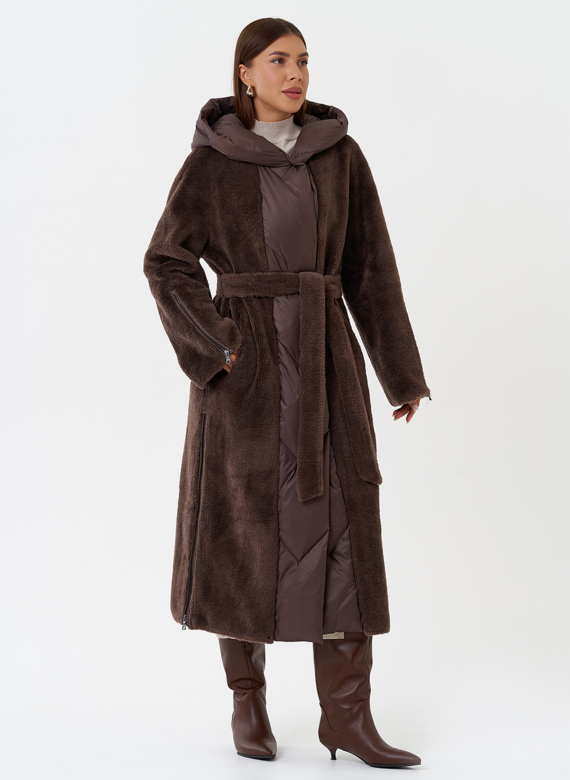 Комбинированное пальто на утеплении с капюшоном