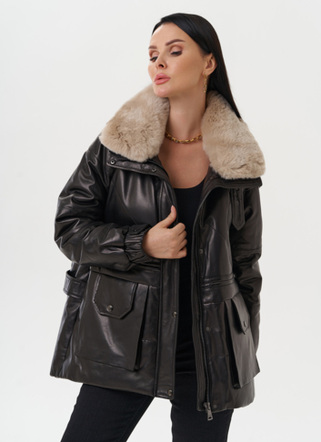 Пуховик из натуральной кожи с отделкой из меха кролика