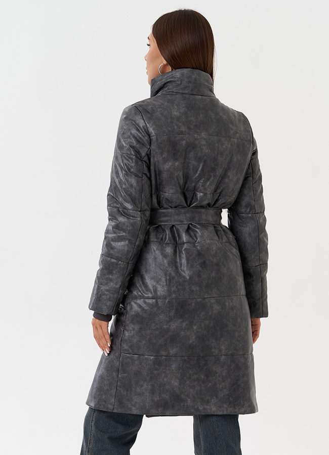 Пуховик из эко кожи с поясом модель № 28513 универмаг малина