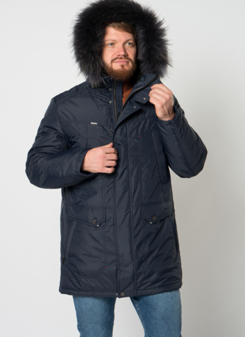 Полупальто мужское синего цвета с отделкой из енота