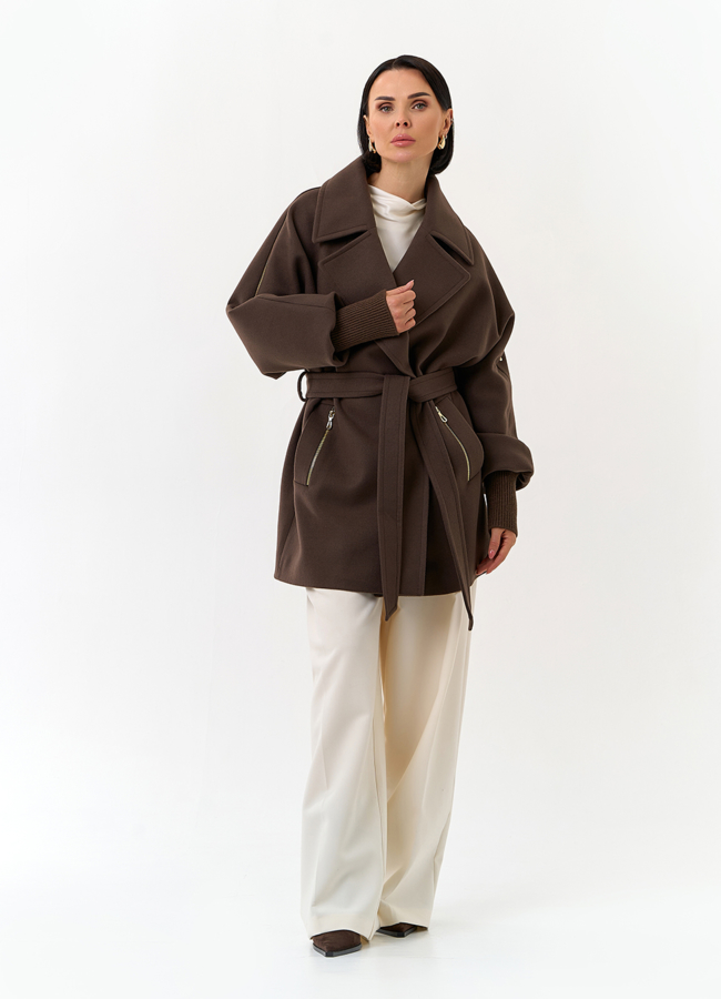 Женское укороченное пальто с декоративными молниями модель № 32804 в кредит